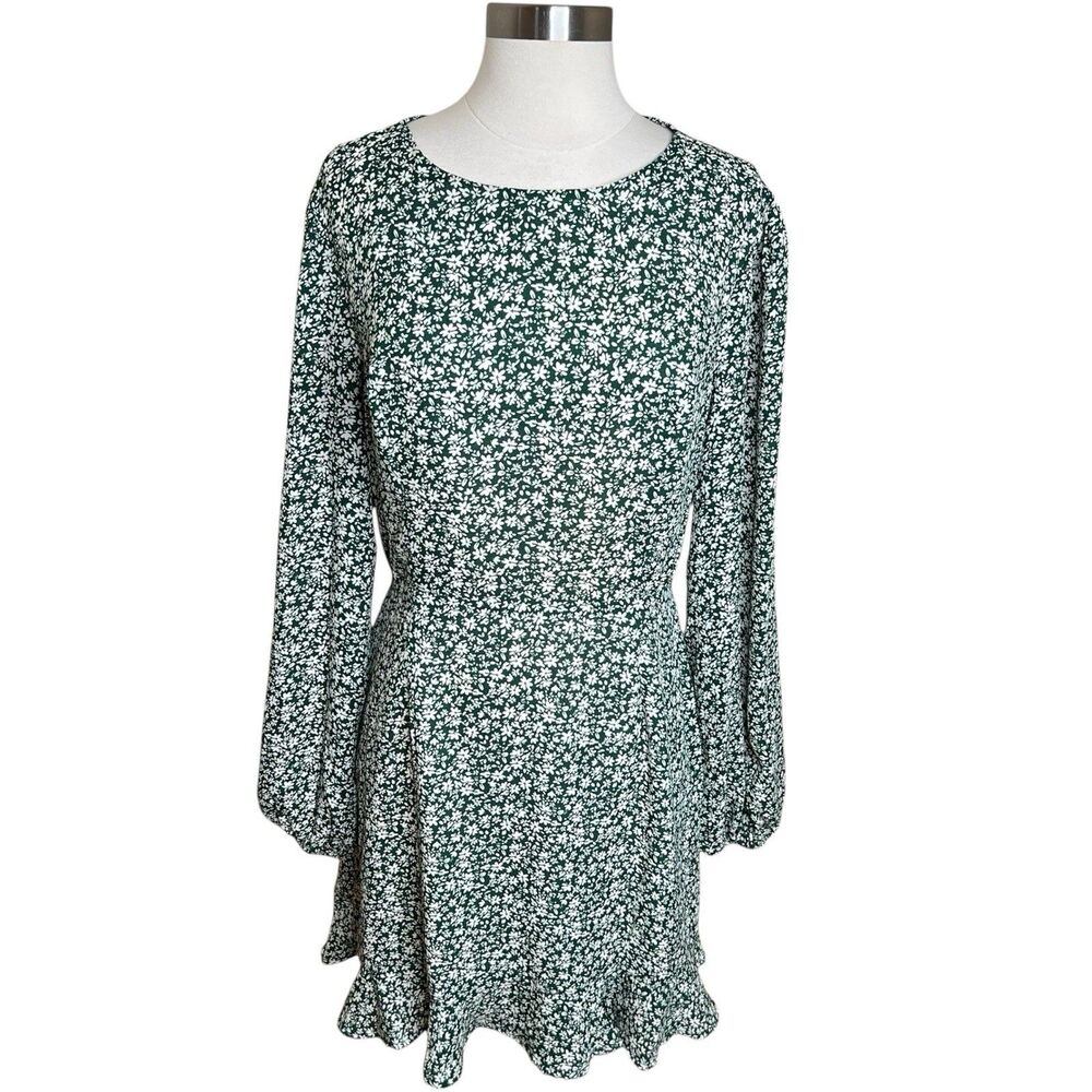 Lulus Mini Dress Womens XL Green Floral Ruffled Cut Out Back Long Sleeve